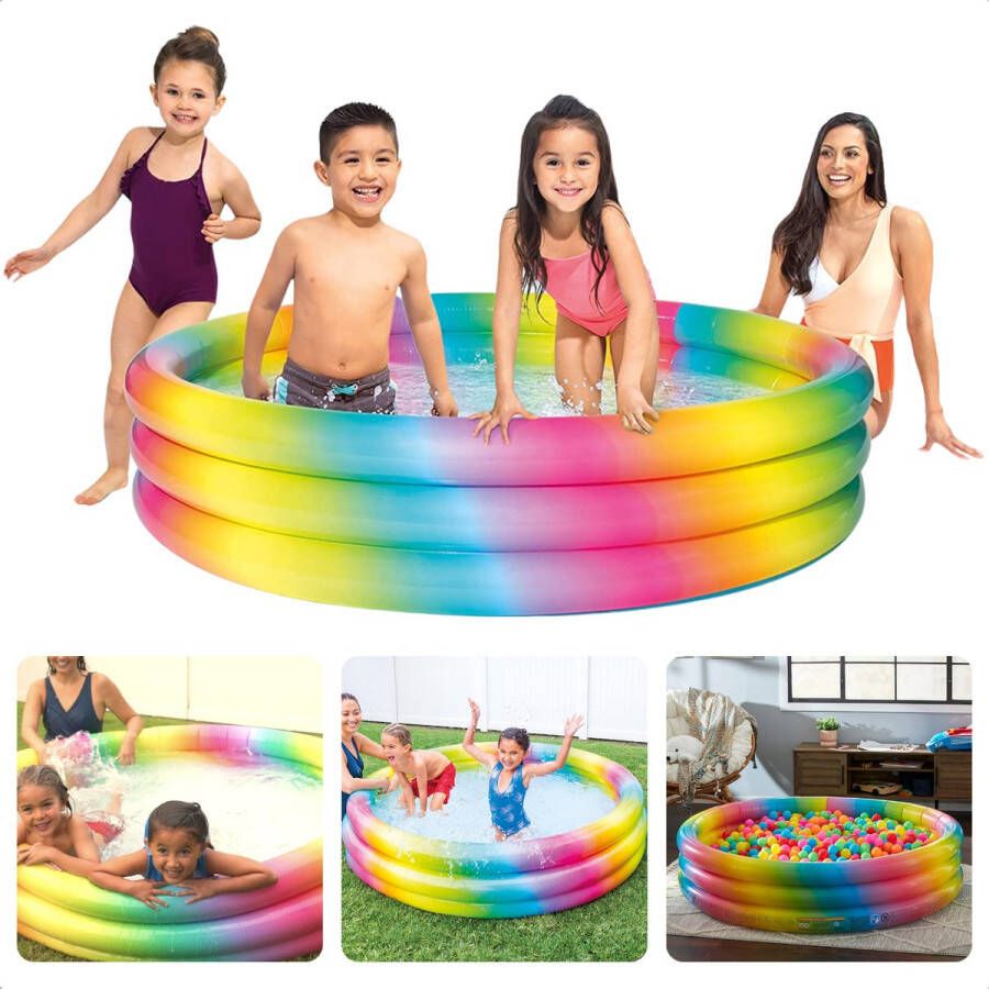 Cheqo Zwembad Regenboog Opblaaszwembad Opblaasbaar Zwembad Ballenbak Kinderbad Ø147cm 3-rings Hoogte 33cm Watercapaciteit 330 liter Regenboog Kleuren