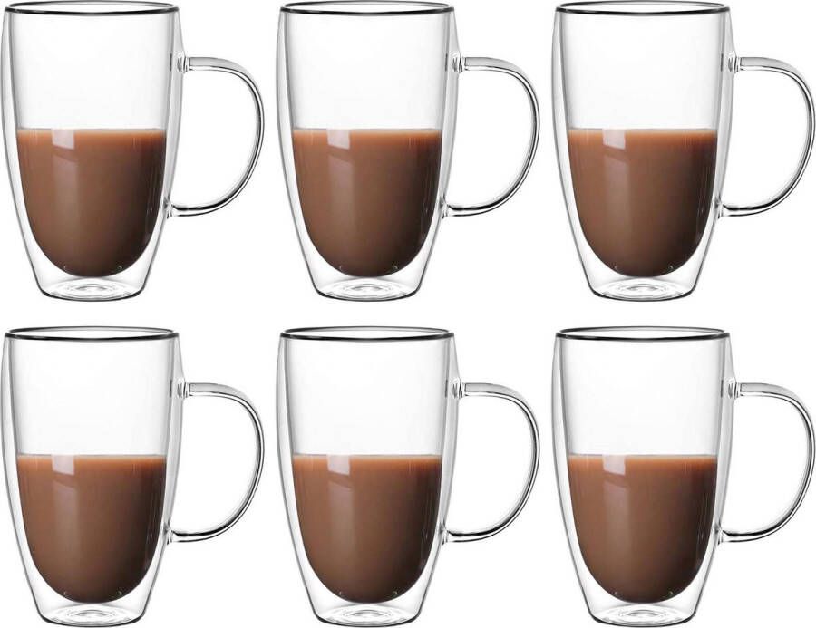 Cherchie Dubbelwandige Glazen met Oor 450ml Set van 6 Koffieglazen Theeglas