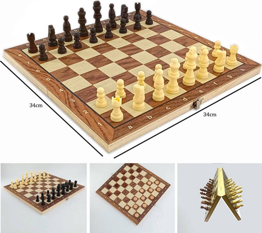 Chess Schaakbord set 3in1 Houtbord Opklapbaar Schaakspel damspel backgammon magnetisch schaakstukken 34CM