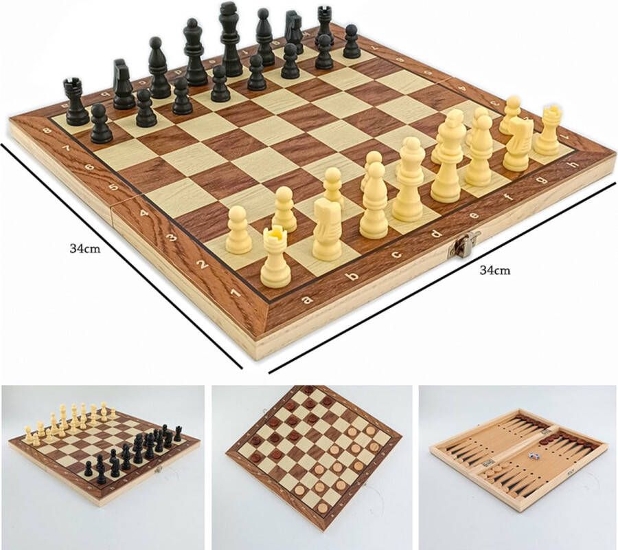 Chess Schaakbord set 3in1 Houtbord Opklapbaar Schaakspel damspel backgammon magnetisch schaakstukken 34CM