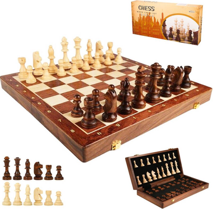 Chess Wood set Houten schaakbord 39x39 CM schaakset opklapbaar schaakspel schaken + 2 extra koninginnen