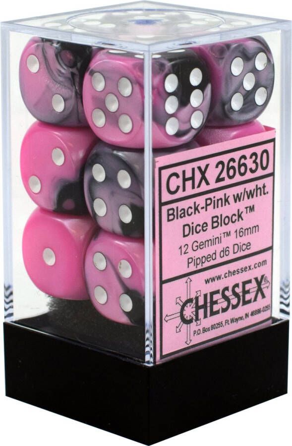 Chessex Gemini Black-Pink white D6 16mm Dobbelsteen Set (12 stuks)