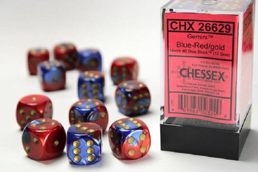 Chessex 12 x D6 Set Gemini 16mm Blue-Red Gold