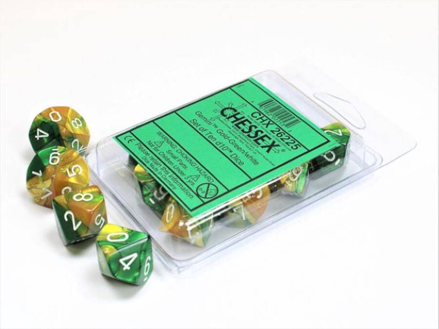 Chessex Gemini Goud-Groen Wit D6 16mm Dobbelsteen Set (12 stuks)