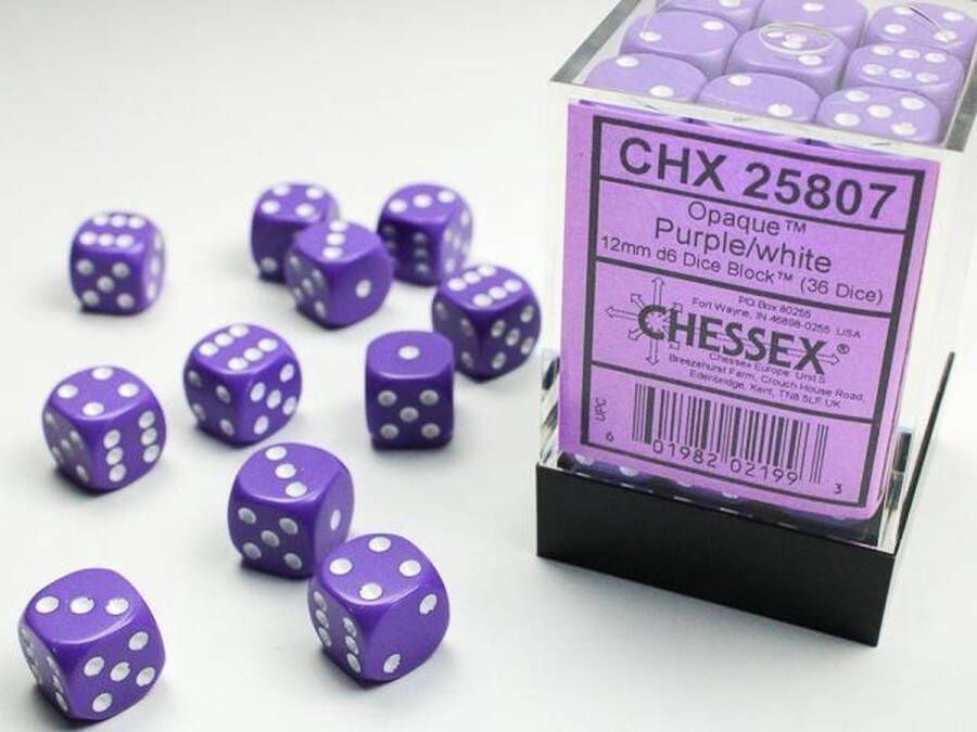 Chessex Opaque Purple white D6 12mm Dobbelsteen Set (36 stuks)