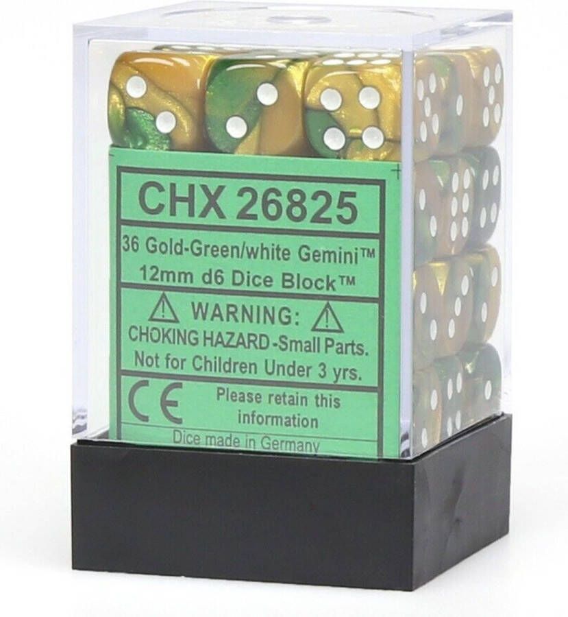 Chessex 36 x D6 Set Gemini 12mm Gold-Green White
