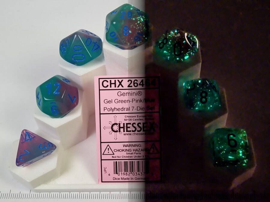 Chessex 7-Die set Gemini Gel Green-Pink Blue