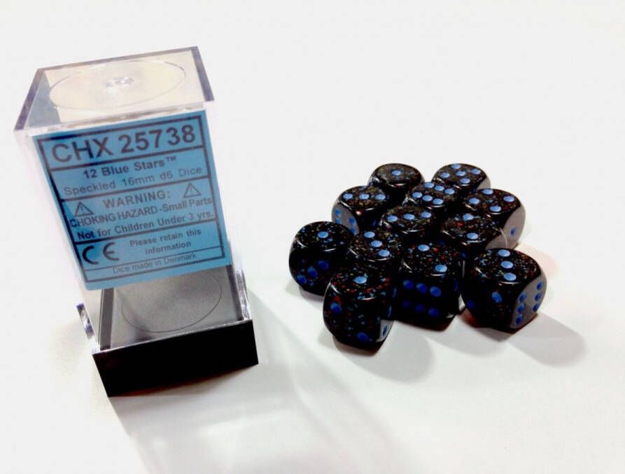 Chessex Blue Stars Speckled D6 16mm Dobbelsteen Set (12 stuks)