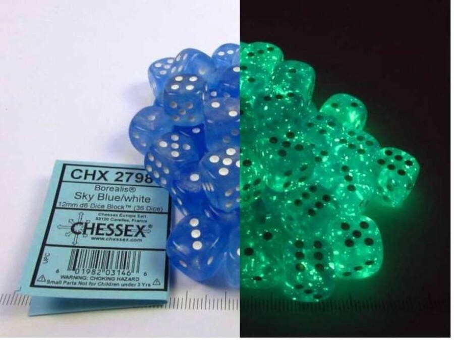Chessex Borealis D6 12mm Hemelsblauw wit Lichtgevende Dobbelsteen Set (36 stuks)