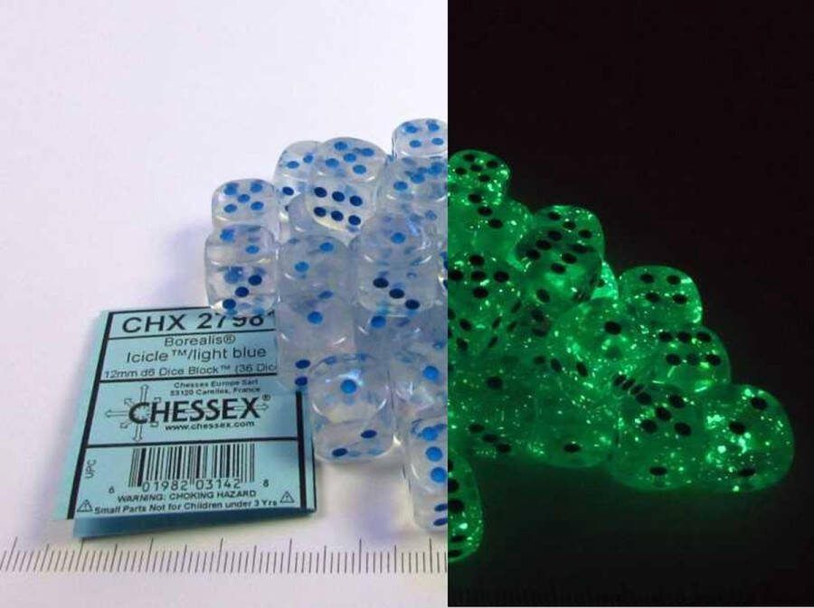 Chessex Borealis D6 12mm Icicle lichtblauw Luminary Dobbelsteen Set (36 stuks)