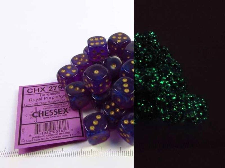 Chessex Borealis D6 12mm Koningspaars goud Lichtgevende Dobbelsteen Set (36 stuks)