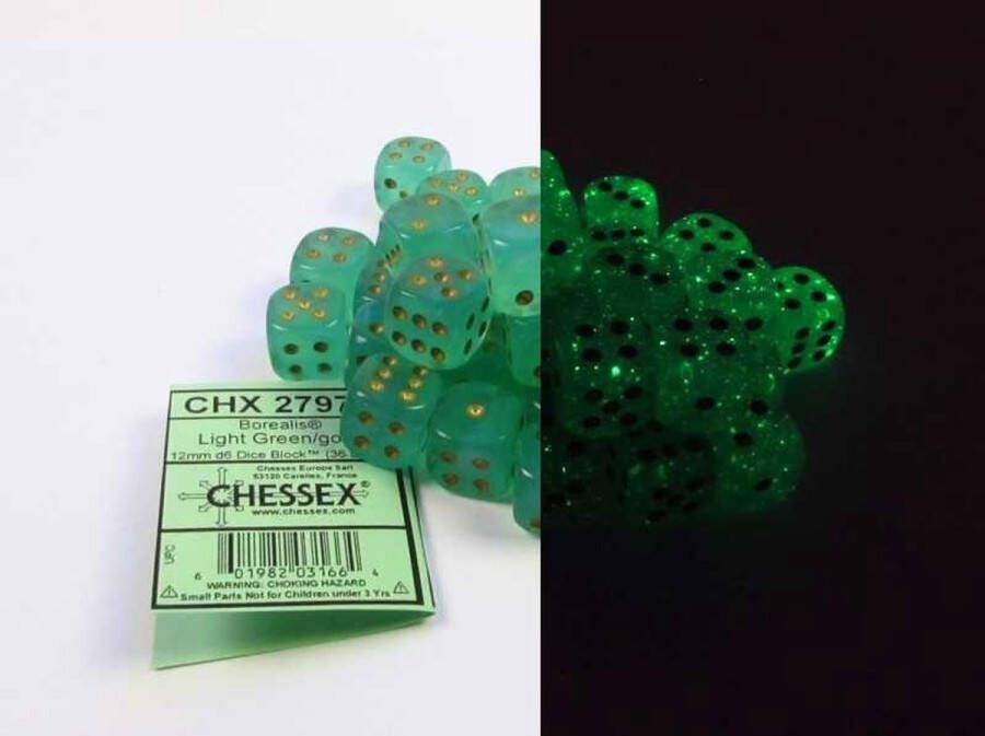 Chessex Borealis D6 12mm Lichtgroen goud Lichtgevend Dobbelsteenset (36 stuks)