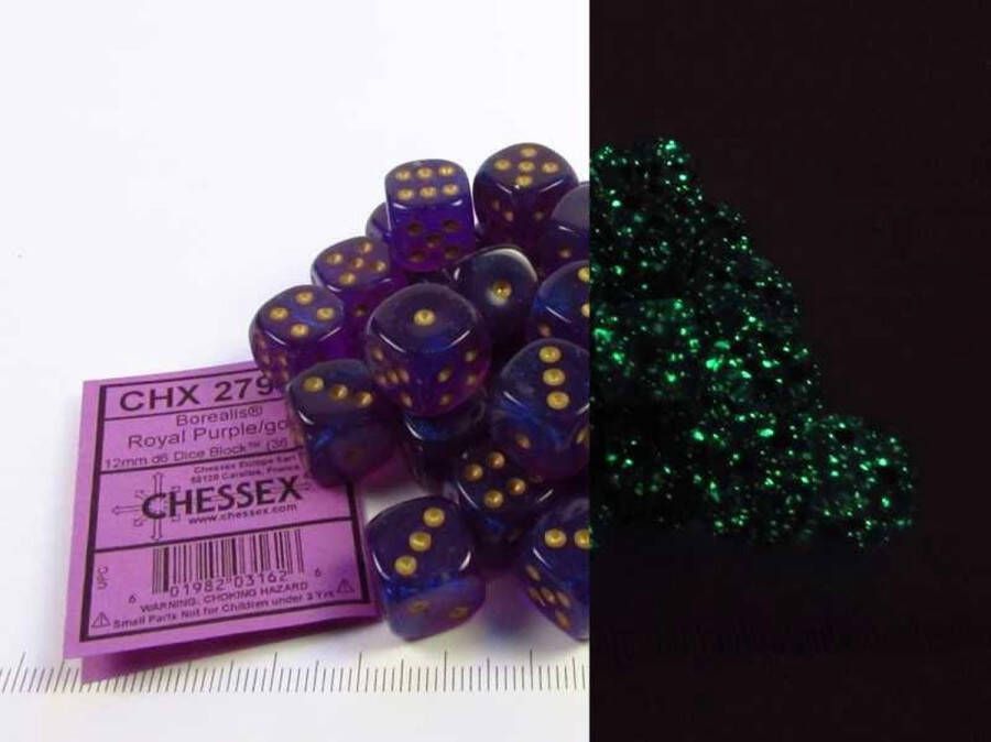Chessex Borealis D6 12mm Royal Purple gold Luminary Dobbelsteen Set (36 stuks)