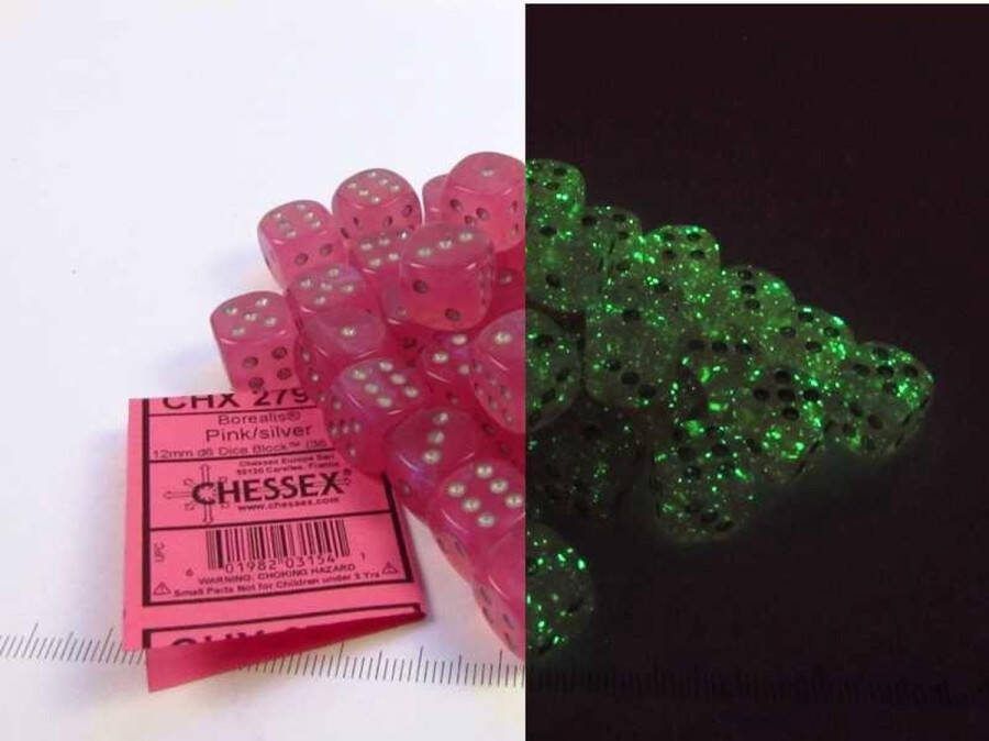 Chessex Borealis D6 12mm Roze Zilver Lichtgevende Dobbelsteen Set (36 stuks)