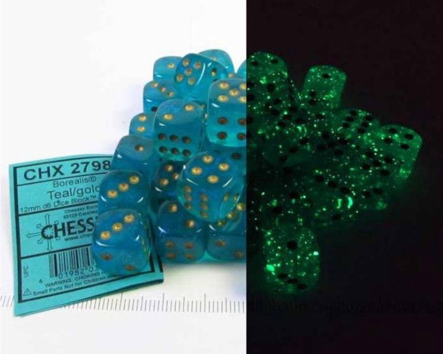 Chessex Borealis D6 12mm Teal goud Lichtgevende Dobbelsteen Set (36 stuks)