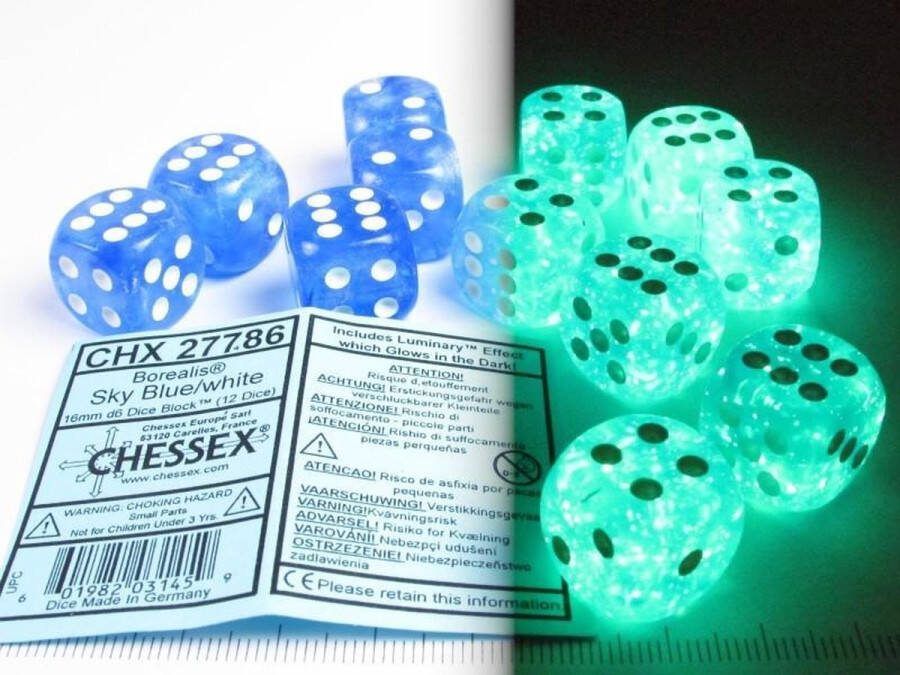 Chessex Borealis D6 16mm Hemelsblauw wit Lichtgevende Dobbelsteen Set (12 stuks)