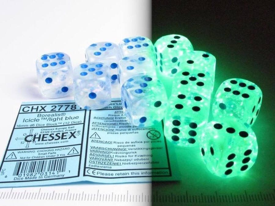 Chessex Borealis D6 16mm Icicle light blue Luminary Dobbelsteen Set (12 stuks)