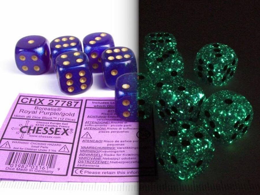 Chessex Borealis D6 16mm Koningspaars goud Lichtgevende Dobbelsteen Set (12 stuks)