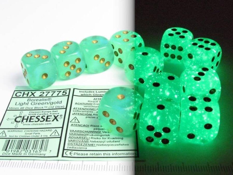 Chessex Borealis D6 16mm Light Green gold Luminary Dobbelsteen Set (12 stuks)