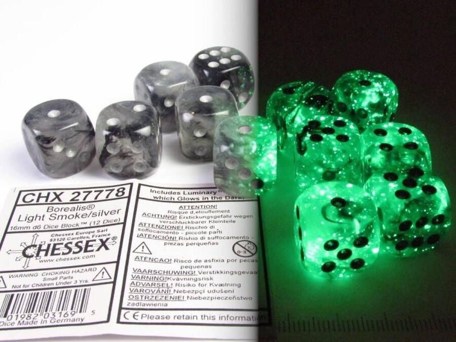 Chessex Borealis D6 16mm Licht Rook Zilver Lichtgevende Dobbelsteen Set (12 stuks)