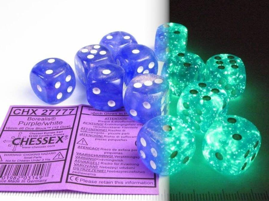 Chessex Borealis D6 16mm Paars wit Lichtgevende Dobbelsteen Set (12 stuks)
