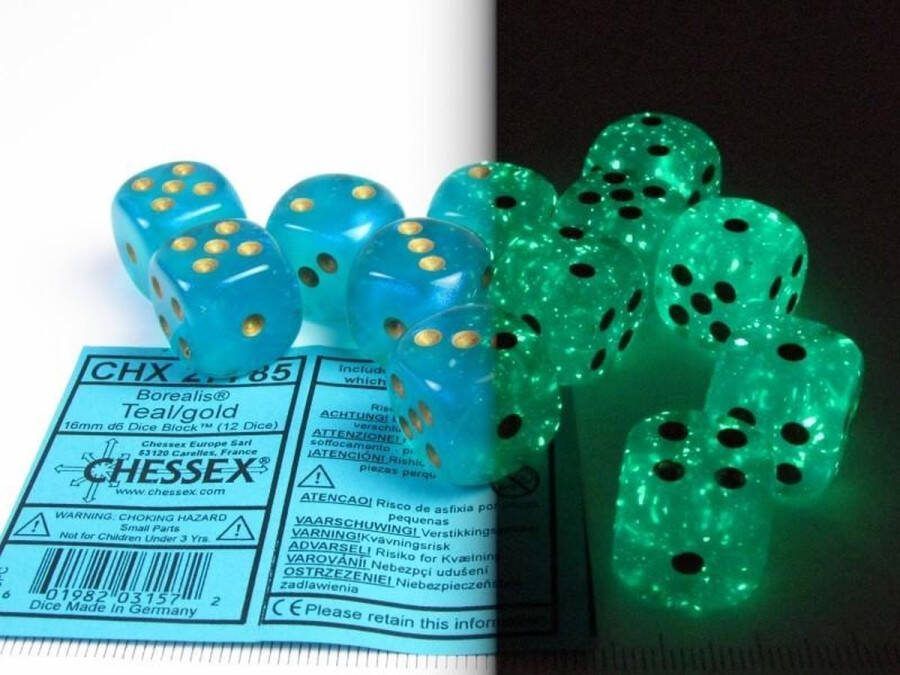 Chessex Borealis D6 16mm Teal goud Lichtgevende Dobbelsteen Set (12 stuks)