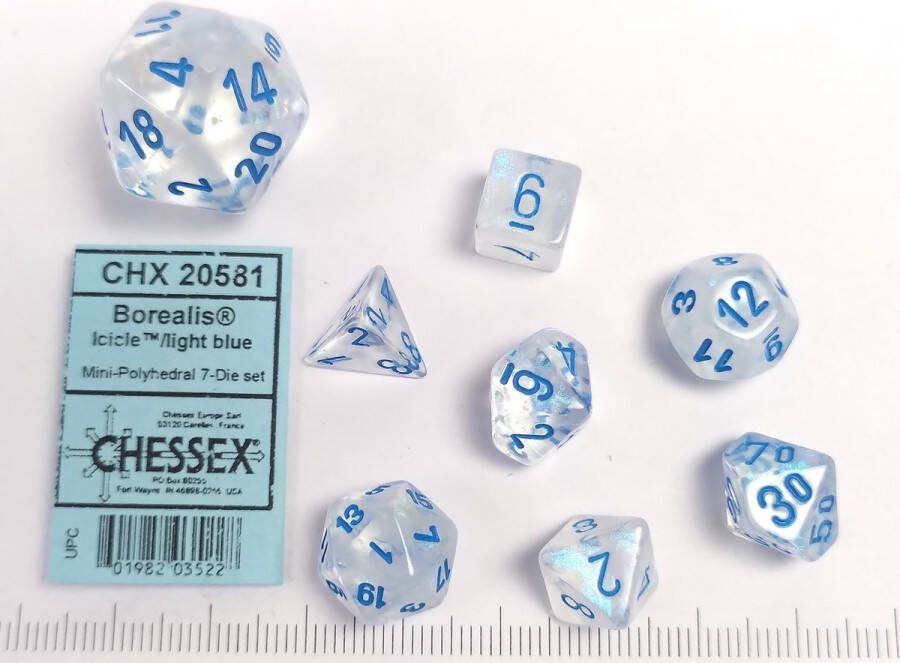 Chessex Borealis Mini-Polyhedral Icicle lichtblauw Lichtgevende Dobbelsteenset (7 stuks)