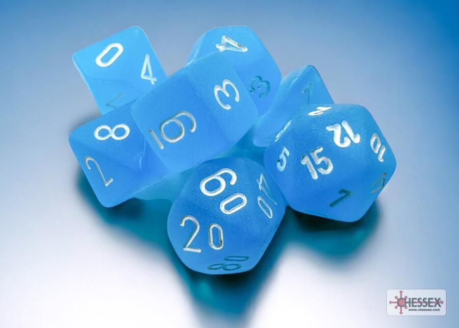 Chessex Frosted Mini-Polyhedral Caribbean Blue white Dobbelsteen Set (7 stuks)
