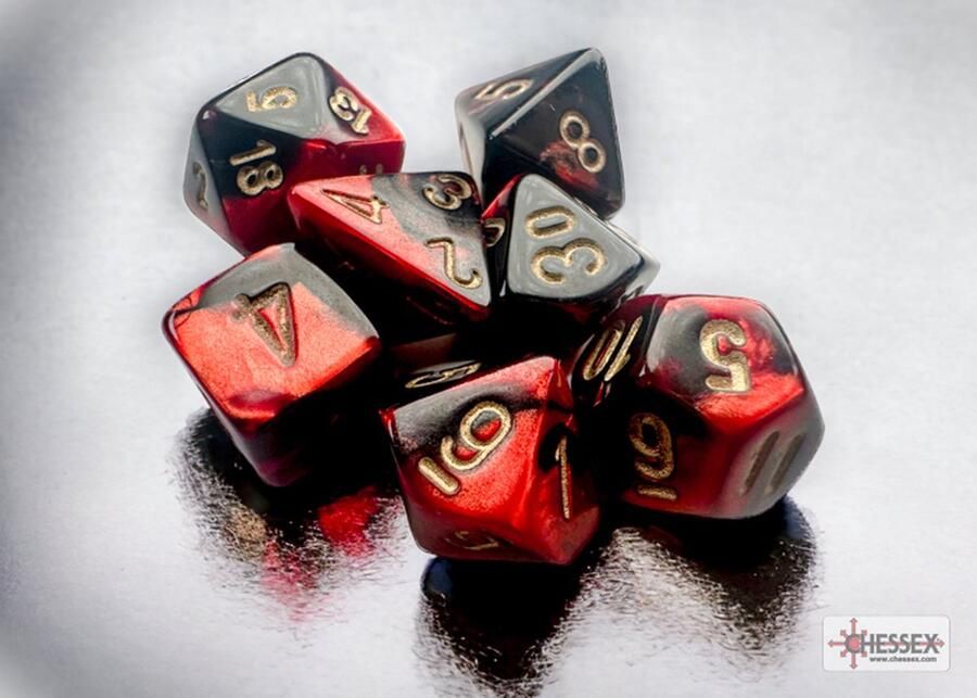 Chessex Gemini Mini-Polyhedral Black-Red gold Dobbelsteen Set (7 stuks)