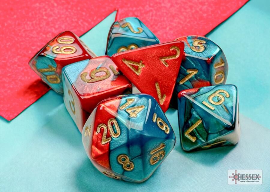 Chessex Gemini Mini-Polyhedral Red-Teal gold Dobbelsteen Set (7 stuks)