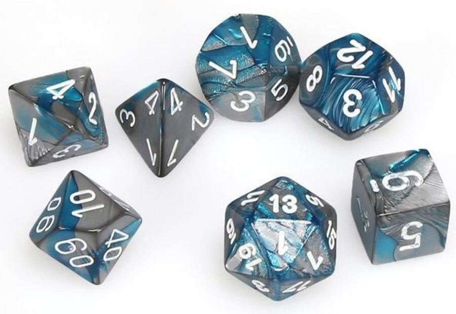 Chessex Gemini Mini-Polyhedral Steel-Teal white Dobbelsteen Set (7 stuks)