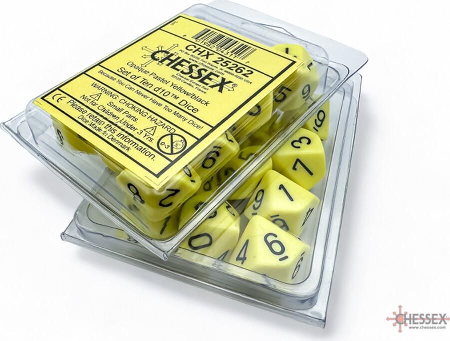 Chessex Opaque Pastel Yellow black D10 Dobbelsteen Set (10 stuks)