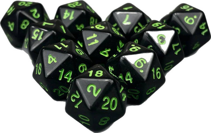 Chessex Diceshop 20-kantige dobbelsteen (SET van 10 STUKS) D20 Zwart Groen
