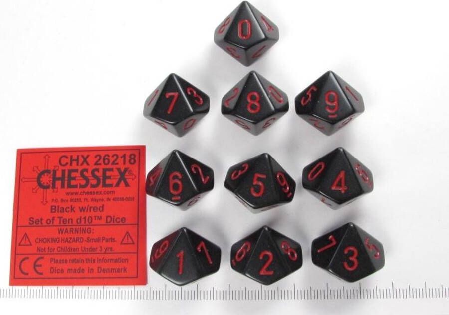 Chessex dobbelstenen set 10-zijdig Opaque Black with red
