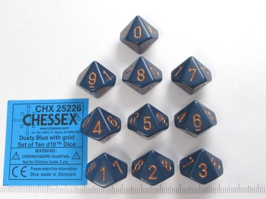 Chessex Opaque Dusty Blue gold D10 Dobbelsteen Set (10 stuks)