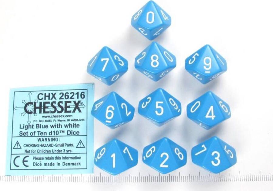Chessex Opaque Light Blue white D10 Dobbelsteen Set (10 stuks)