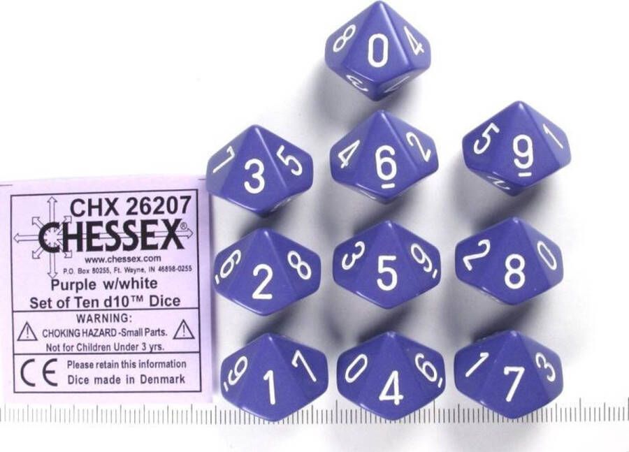 Chessex Opaque Purple white D10 Dobbelsteen Set (10 stuks)