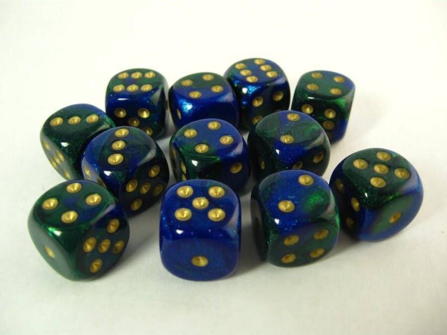 Chessex dobbelstenen set 12 6-zijdig 16 mm Gemini blue-green w gold