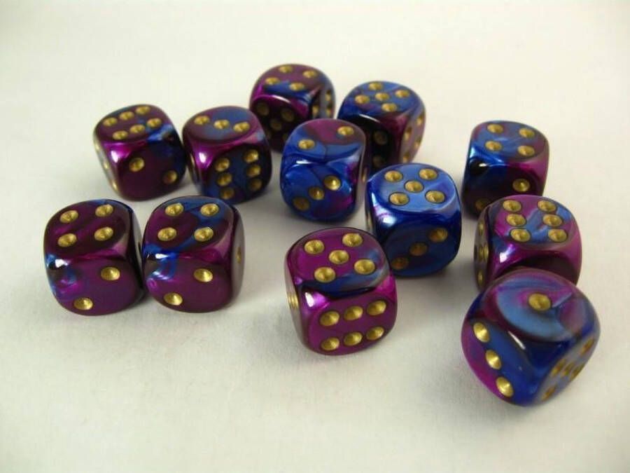 Chessex dobbelstenen set 12 6-zijdig 16 mm Gemini blue-purple w gold