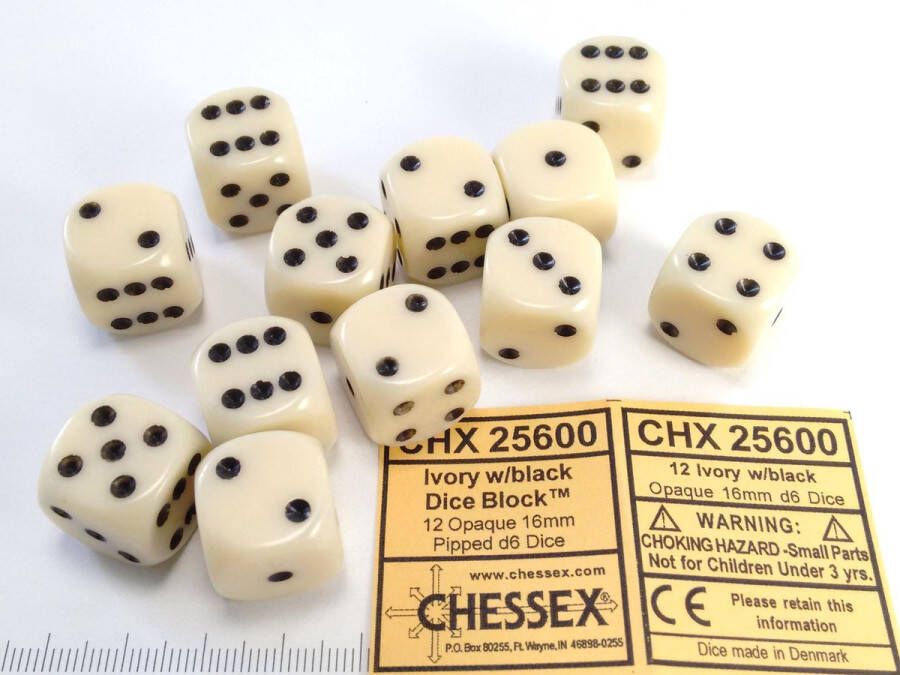 Chessex dobbelstenen set 12 6-zijdig 16 mm ivoorkleurig