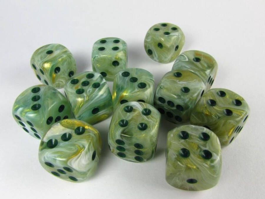 Chessex dobbelstenen set 12 6-zijdig 16 mm Marble green w dark green