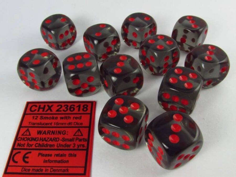 Chessex dobbelstenen set 12 6-zijdig 16 mm transparant donkergrijs met rood