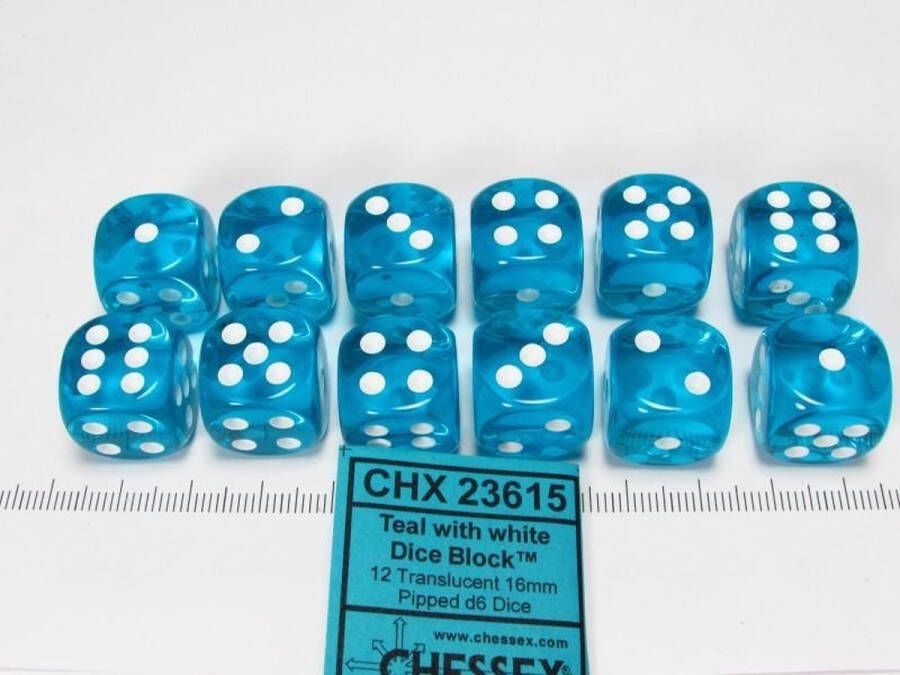 Chessex Doorschijnend Blauw wit D6 16mm Dobbelsteen Set (12 stuks)