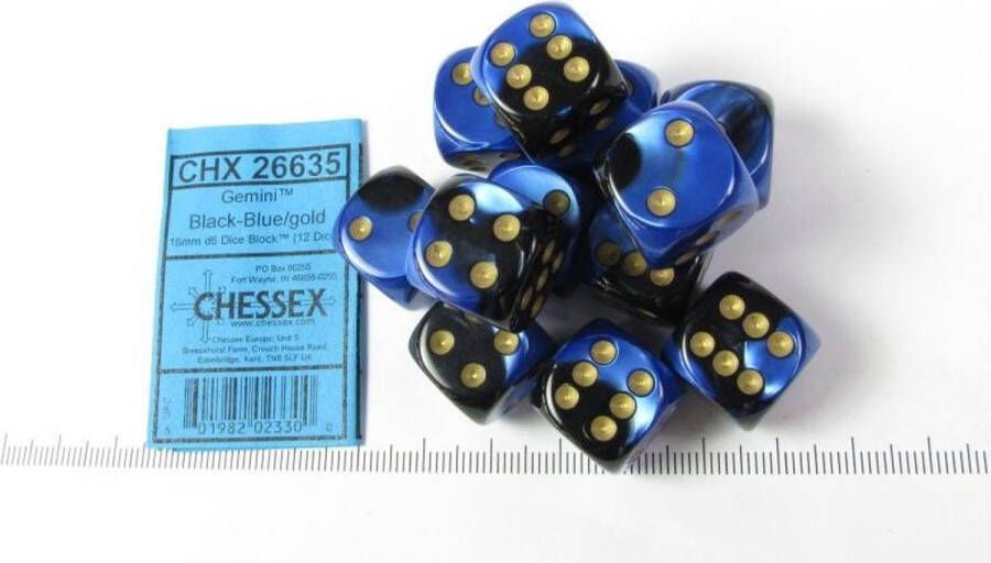 Chessex dobbelstenen set 12 st. 6-zijdig 16mm Gemini Black-Blue w gold
