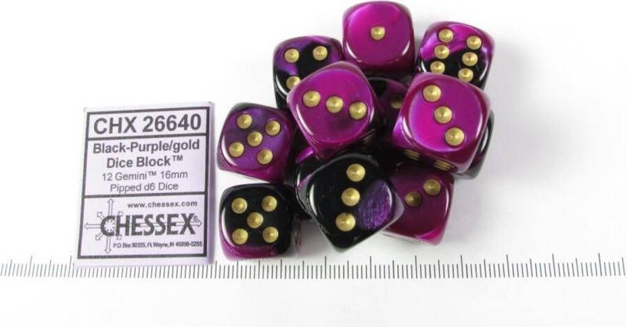 Chessex dobbelstenen set 12 st. 6-zijdig 16mm Gemini Black-Purple w gold