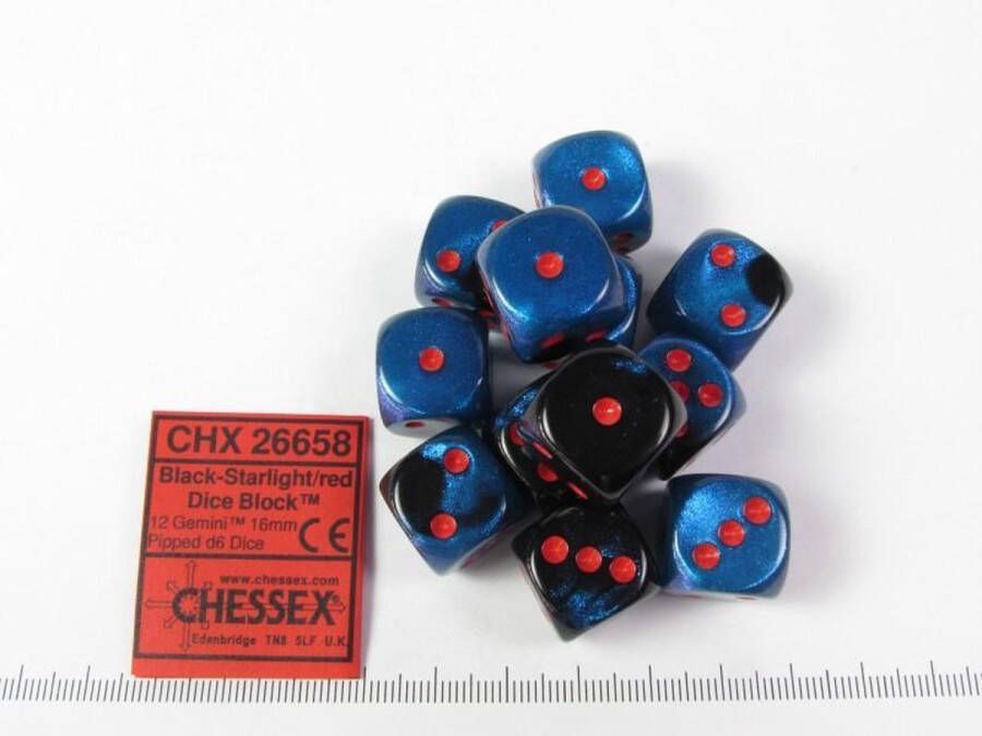 Chessex dobbelstenen set 12 st. 6-zijdig 16mm Gemini Black-Starlight w red