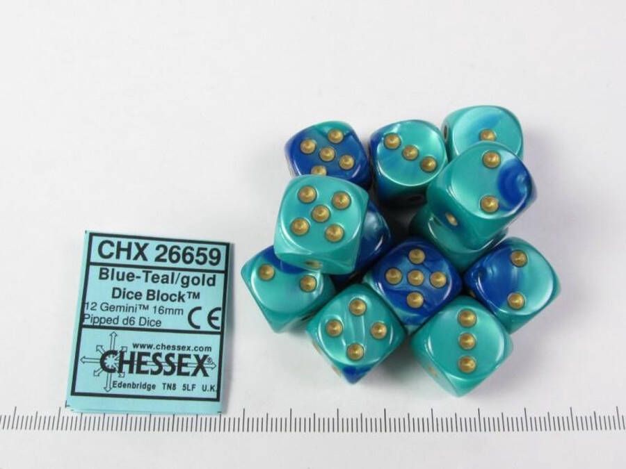 Chessex dobbelstenen set 12 st. 6-zijdig 16mm Gemini Blue-Teal w gold