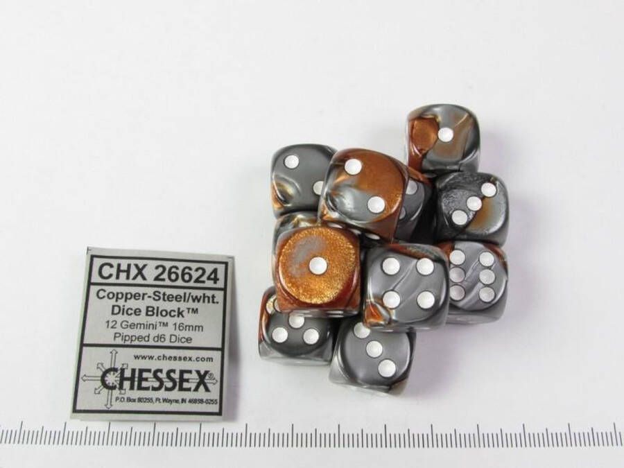 Chessex dobbelstenen set 12 st. 6-zijdig 16mm Gemini Copper-Steel w white