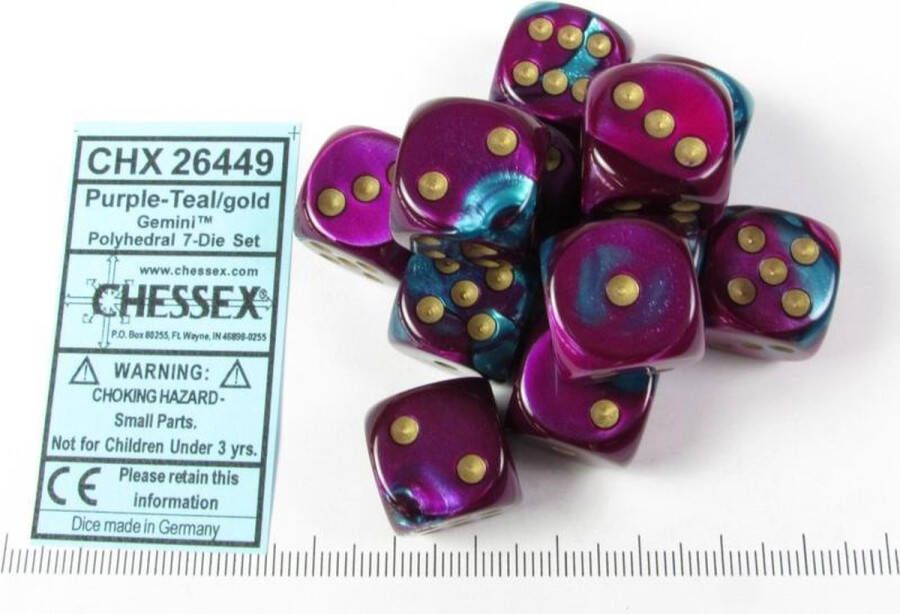 Chessex dobbelstenen set 12 st. 6-zijdig 16mm Gemini Purple-Teal w gold