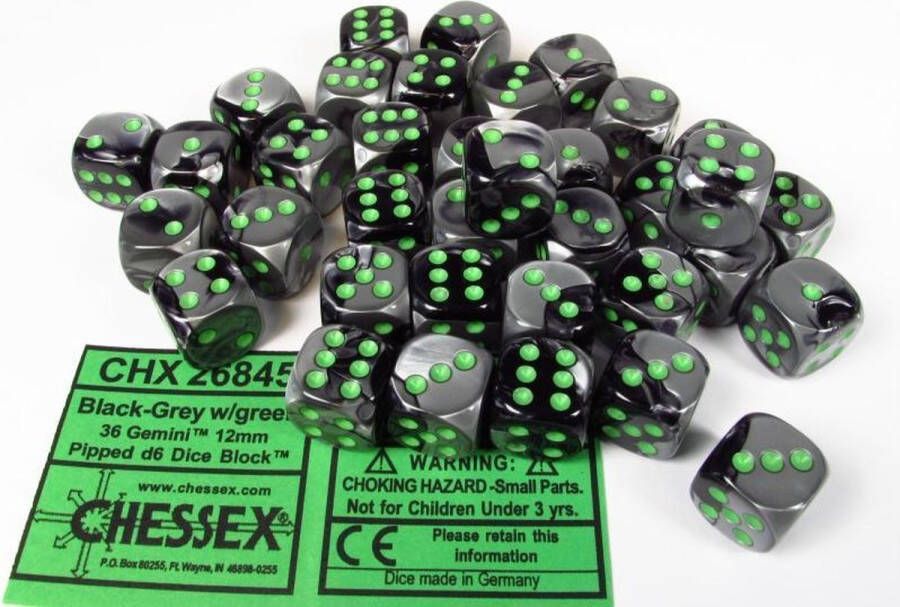 Chessex dobbelstenen set 36 6-zijdig 12 mm Gemini black-grey w green